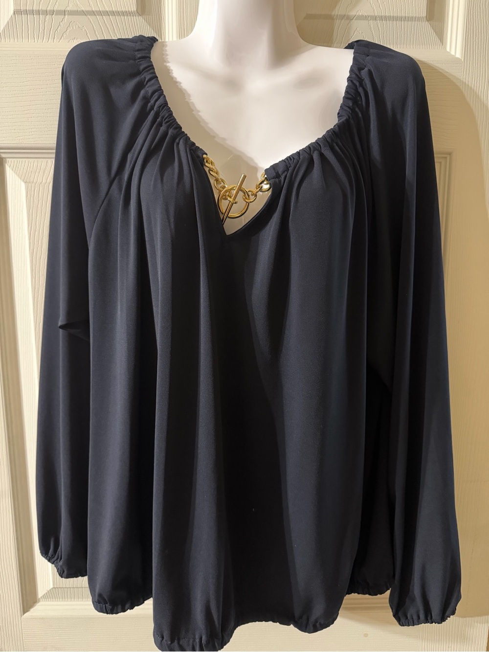 Black Long-Sleeve Blouse with Gold Chain Accent by MICHAEL by Michael Kors